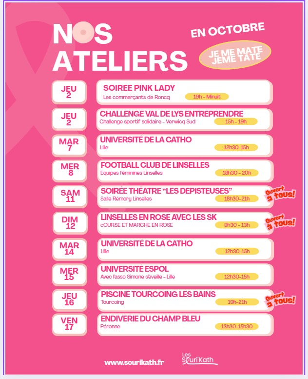 Planning des ateliers d'autopalpation organisés par les Souri'Kath pour le mois d'octobre 2025