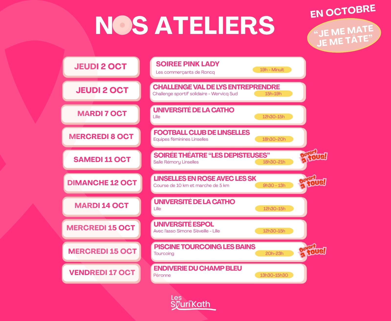 Planning des ateliers de formation à l'autopalpation des Souri'Kath en octobre 2025